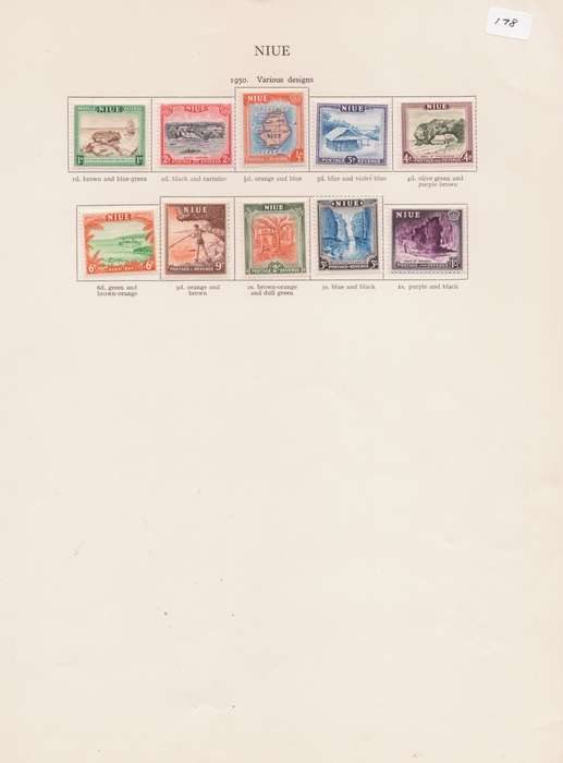 Niue stamps on sheet, 1950, Various designs