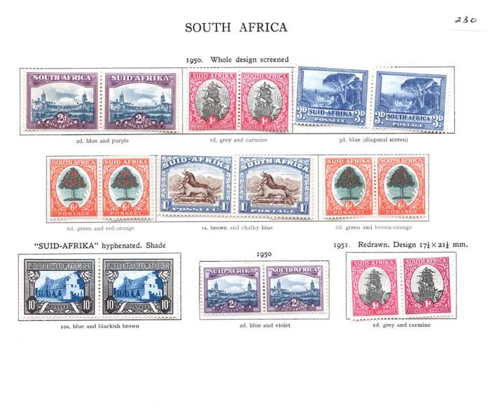 Union of South Africa, Stamps on sheet, 1950-51, *perfs not checked