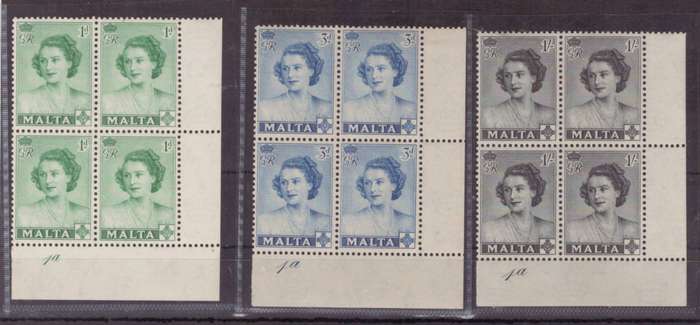 Malta, 1950, QEll, UMM, Blocks of 4, SG 255-257