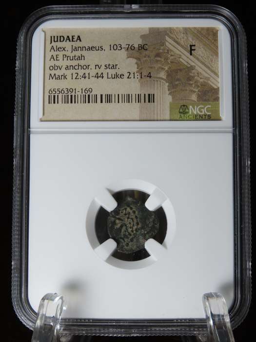 Ancient Judaea Prutah Coin, 103 - 76 BC, NGC F Hasmonian Kings, Widow's Mite Coins of the Bible