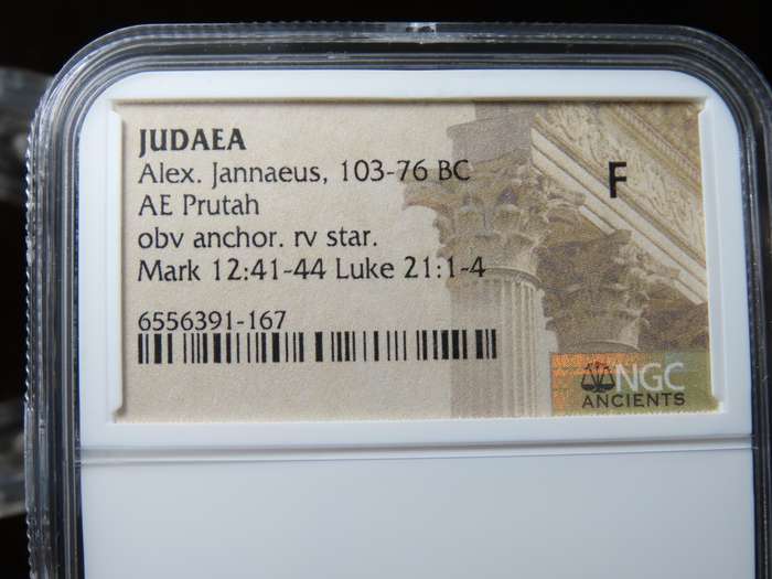 Ancient Judaea Prutah Coin, 103 - 76 BC, NGC F Hasmonian Kings, Widow's Mite Coins of the Bible
