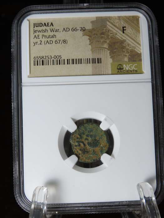 Ancient Judaea Prutah Coin, 66 to 70 AD NGC F, 1st Jewish Revolt