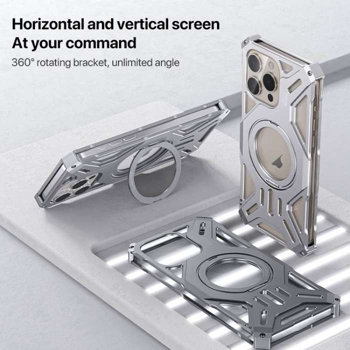 iPhone 14 / 13 Aluminum Borderless Case  MagSafe Ring + 360° Rotating Holder (Grey)