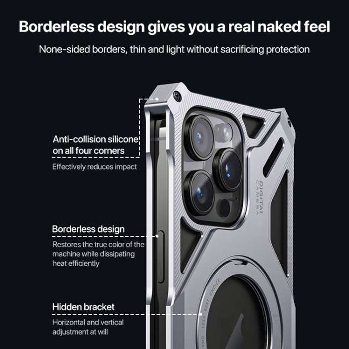 iPhone 14 / 13 Aluminum Borderless Case  MagSafe Ring + 360° Rotating Holder (Grey)