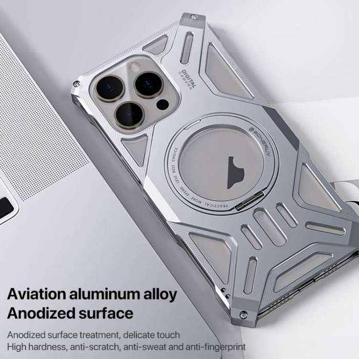 iPhone 14 / 13 Aluminum Borderless Case  MagSafe Ring + 360° Rotating Holder (Grey)