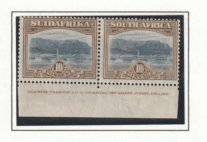 UNION OF SOUTH AFRICA KGV  1927 BRADBURY WILKINSON LONDON PRINTING 10/- INSCRIPTION PAIR