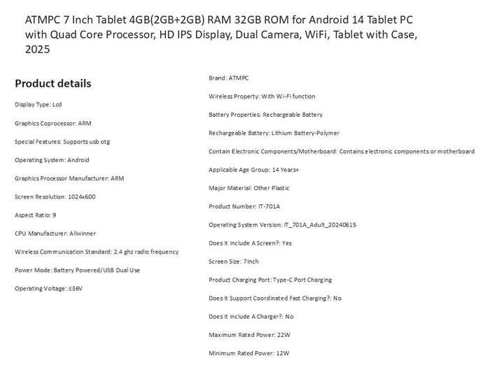 7 Inch Tablet 2025 Android 14, 4GB(2GB+2GB) RAM 32GB ROM