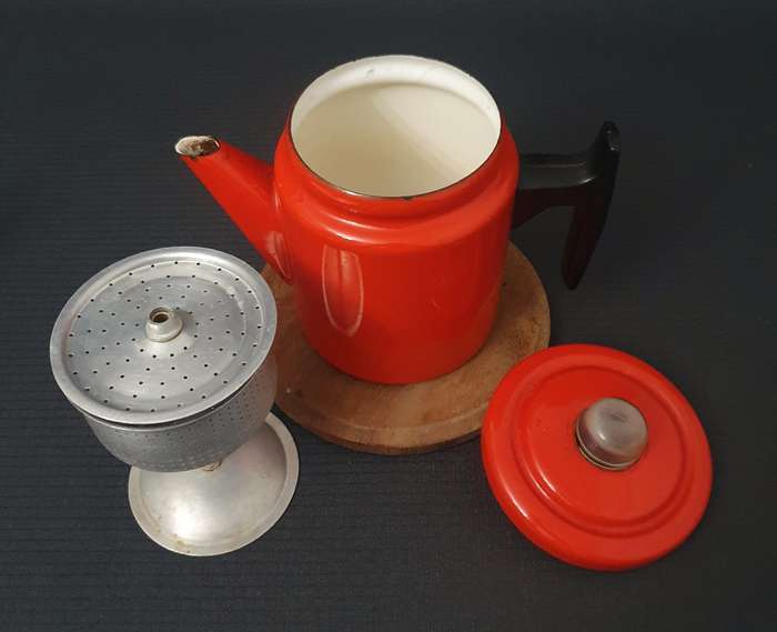 Vintage Red Enamel Coffee Pot with Handle