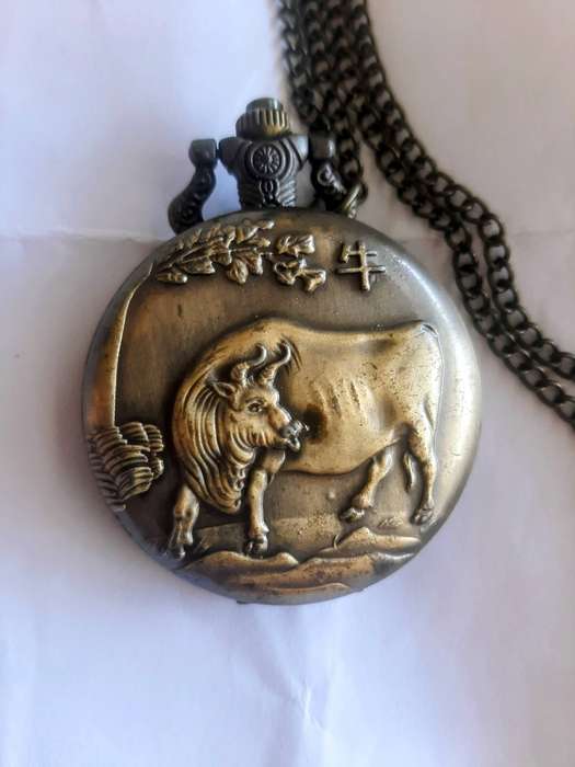 Vintage bronze zodiac chinese quartz pocket watch with chain.Working.