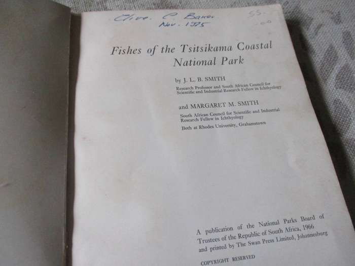 FISHES OF THE TSITSIKAMA COASTAL NATIONAL PARK - PROF J.L.B. SMITH AND MARGARET M SMITH