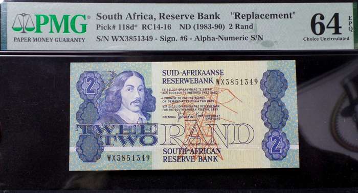RSA 2 Rand late 1980's(G de Kock 3rd Issue) - WX Replacement - PMG UNC64