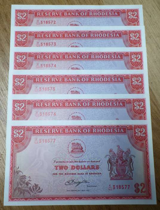 Rhodesia 2 Dollars 1979 - 6 in sequence - aUNC to UNC condition