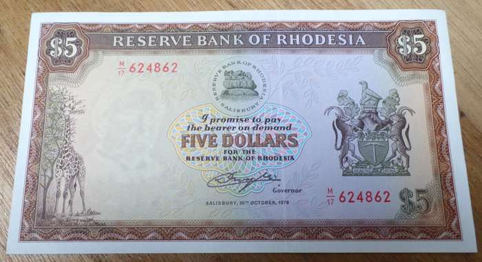 Rhodesia 5 Dollars 1978 - aUNC to UNC condition