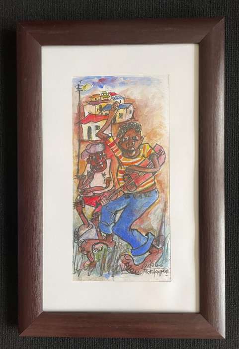 ORIGINAL GIBSON MOKHACHANE - MIXED MEDIA - FLUTE AND GUITAR PLAYERS - SIGNED AND FRAMED