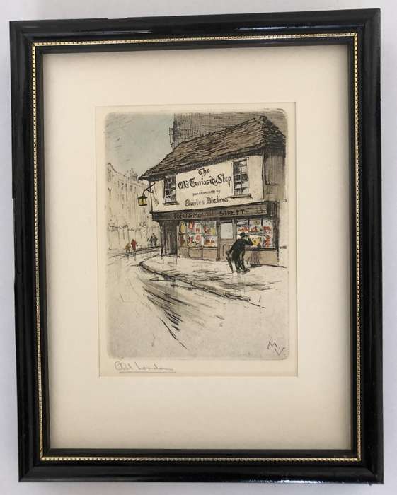 ORIGINAL SIGNED COLOURED ETCHING - THE OLD CURIOSITY SHOP - OLD LONDON BEHIND GLASS
