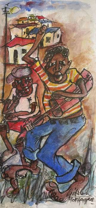 ORIGINAL GIBSON MOKHACHANE - MIXED MEDIA - FLUTE AND GUITAR PLAYERS - SIGNED AND FRAMED