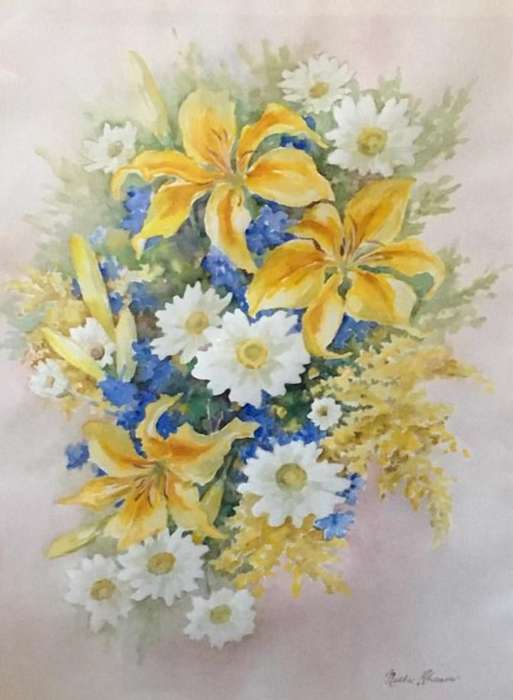 ORIGINAL NELLIE SHEARER - WATER COLOUR IN GOLD FRAME BEHIND GLASS