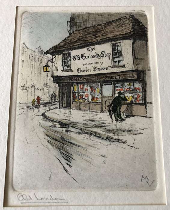 ORIGINAL SIGNED COLOURED ETCHING - THE OLD CURIOSITY SHOP - OLD LONDON BEHIND GLASS
