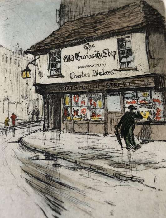 ORIGINAL SIGNED COLOURED ETCHING - THE OLD CURIOSITY SHOP - OLD LONDON BEHIND GLASS