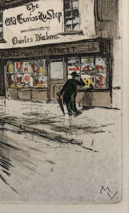 ORIGINAL SIGNED COLOURED ETCHING - THE OLD CURIOSITY SHOP - OLD LONDON BEHIND GLASS