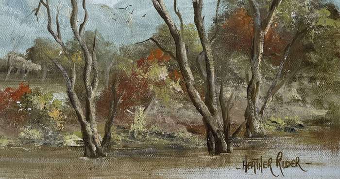 ORIGINAL WELL KNOWN SA ARTIST - HEATHER RIDER - OIL ON CANVAS ON BOARD IN GOLD FRAME