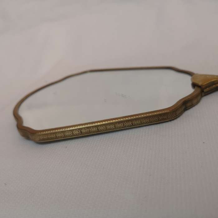 1950s/60s vintage floral dressing table handheld vanity mirror. Gold tone mirror.