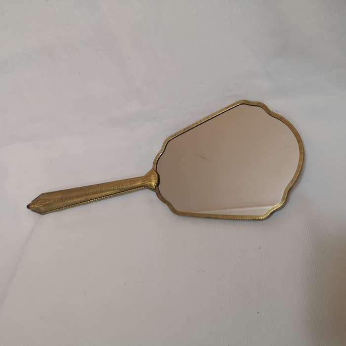 1950s/60s vintage floral dressing table handheld vanity mirror. Gold tone mirror.
