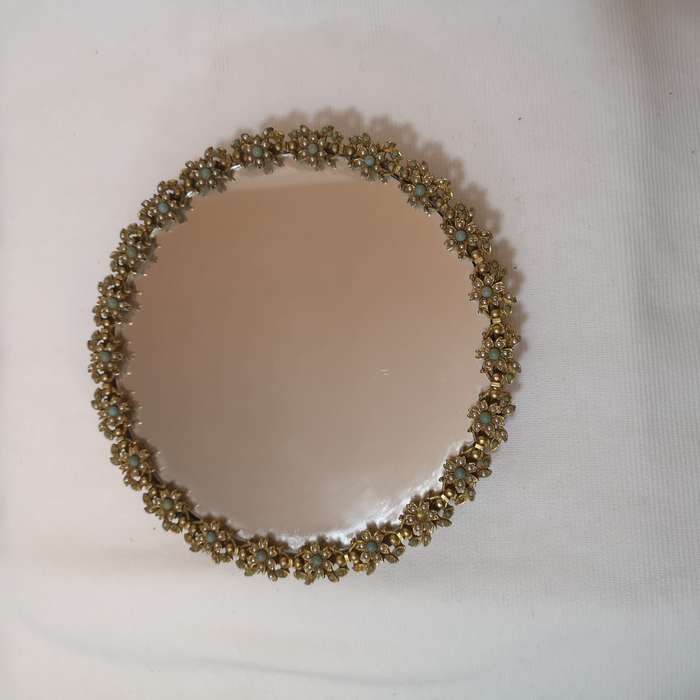 MIRELLA Made in England - Stunning Mirror Gold Plated Floral frame with Seed Pearls & Turquoise