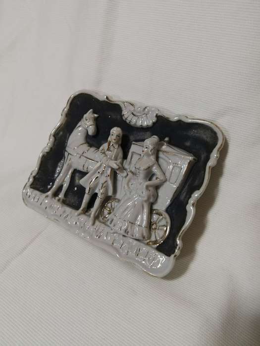 Vintage porcelain courting colonial couple wall hangings - horse and carriage - Japanese