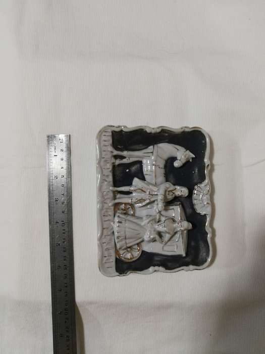 Vintage porcelain courting colonial couple wall hangings - horse and carriage - Japanese