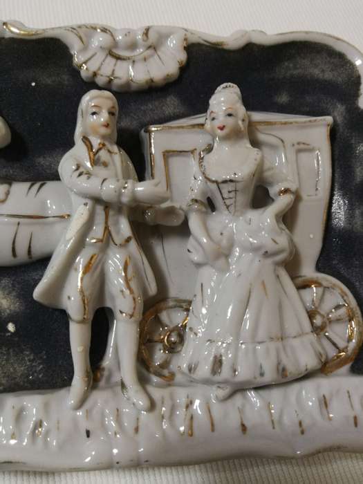 Vintage porcelain courting colonial couple wall hangings - horse and carriage - Japanese