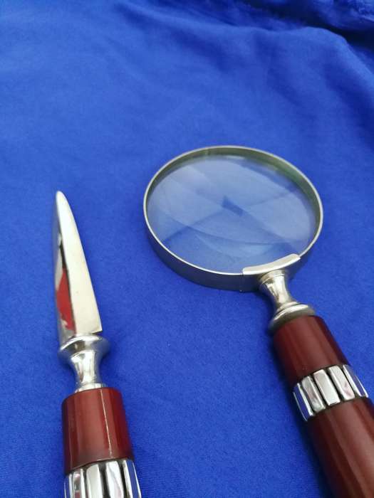 Vintage Wooden Handle Magnifying Glass & Letter Opener Set- Stainless steel frame and trims