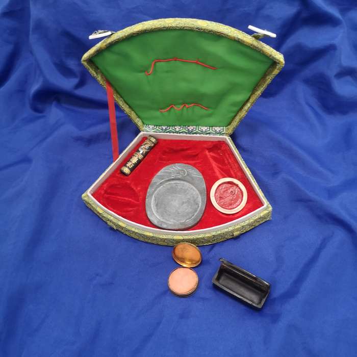 Chinese hand carved stone chop stamp, calligraphy set with red ink, orig box. Vintage