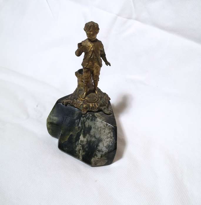Antique Metal Candle Holder Boy on Polished Green Marble Rock- See Hallmark