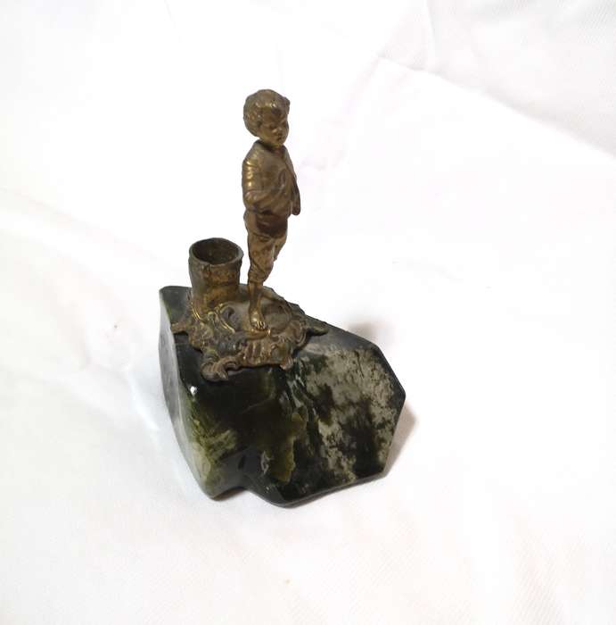 Antique Metal Candle Holder Boy on Polished Green Marble Rock- See Hallmark