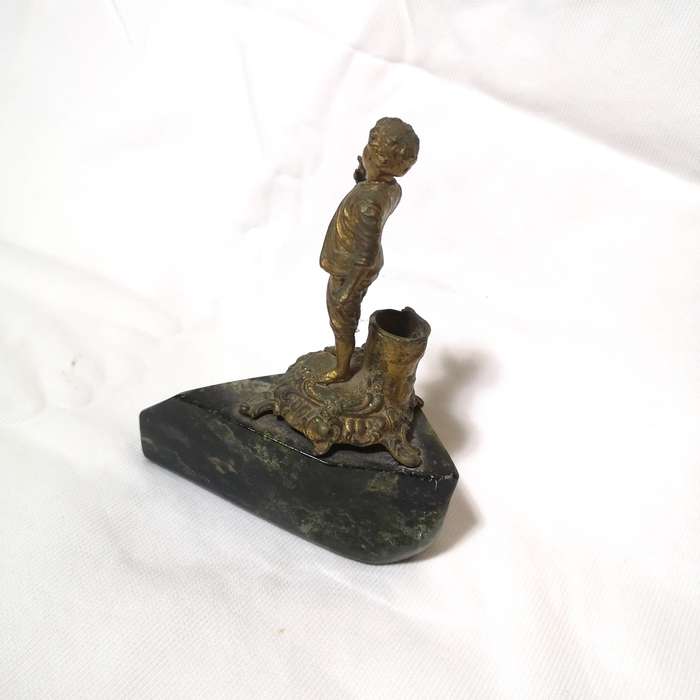 Antique Metal Candle Holder Boy on Polished Green Marble Rock- See Hallmark