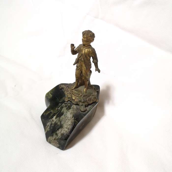 Antique Metal Candle Holder Boy on Polished Green Marble Rock- See Hallmark