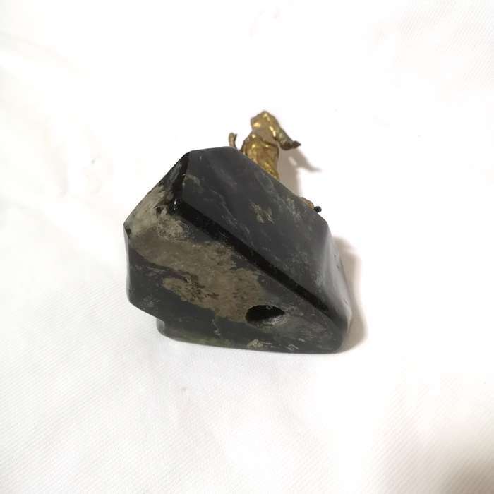 Antique Metal Candle Holder Boy on Polished Green Marble Rock- See Hallmark