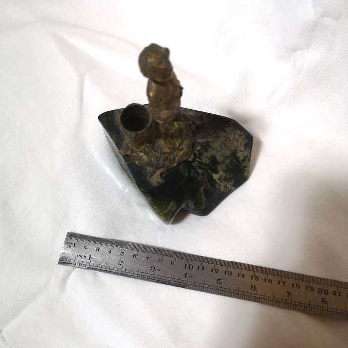 Antique Metal Candle Holder Boy on Polished Green Marble Rock- See Hallmark