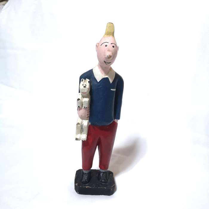 African Tintin sculpture Milu the dog in wood hand painted - Vintage - Ivory Coast