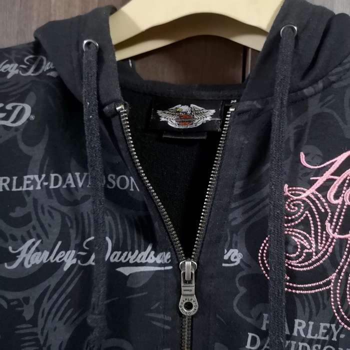 Harley Davidson Women Sz Medium Black And Pink Zip Up Hoodie Embroidered Bling.