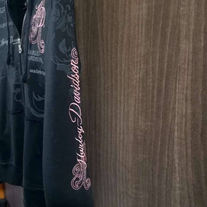 Harley Davidson Women Sz Medium Black And Pink Zip Up Hoodie Embroidered Bling.