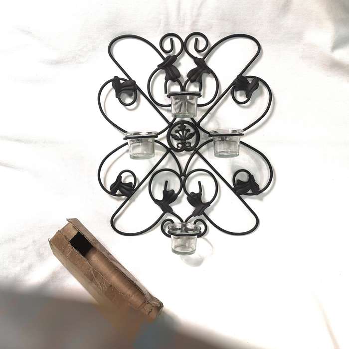 Curved Sconce Wrought Iron Wall Mount Votive Candle Holder 4 Light Cross- Vintage