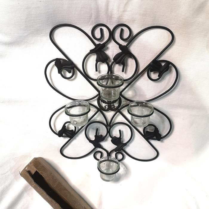Curved Sconce Wrought Iron Wall Mount Votive Candle Holder 4 Light Cross- Vintage