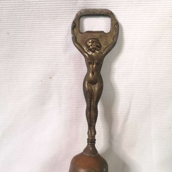 Vintage Brass Figural Nude Bottle Opener + Bell (England)