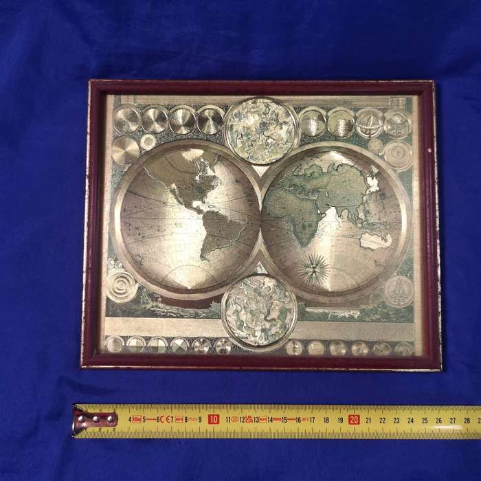 Vintage framed gold foil map of the world