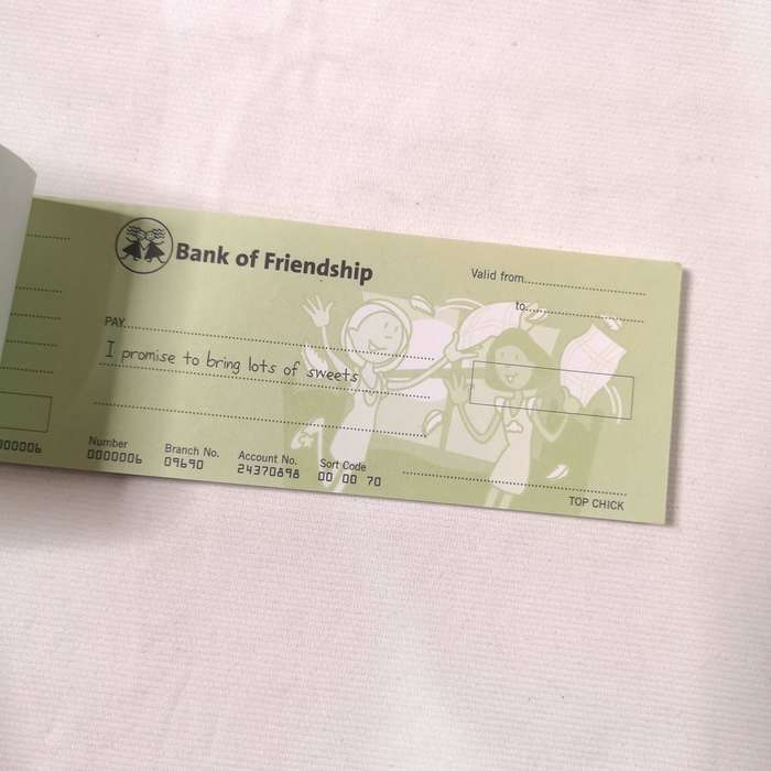 Sleepover Cheques- Bank of Friendship