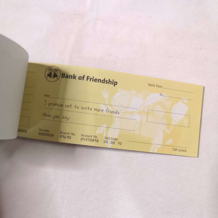 Sleepover Cheques- Bank of Friendship