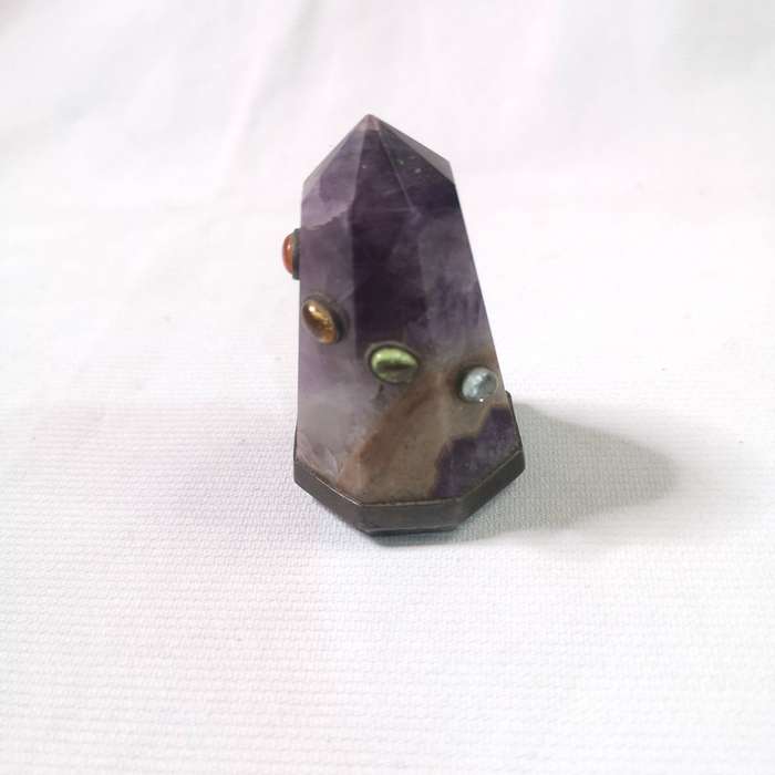 Natural Amethyst Tower Point Obelisk decorated with other cabochon cut stones and silver band