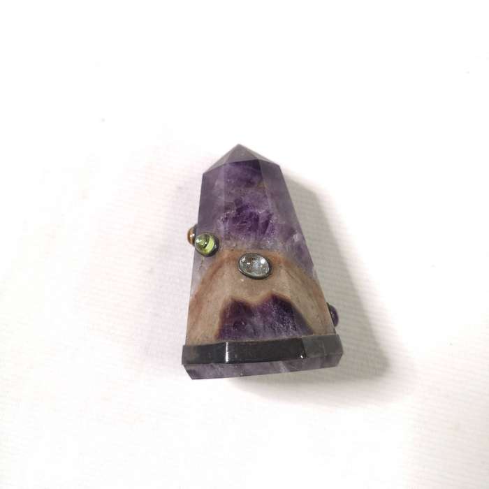 Natural Amethyst Tower Point Obelisk decorated with other cabochon cut stones and silver band